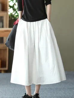 Best Women's Skirt Swing Basic Casual Midi High Waist Skirts Solid Colored Pocket Casual Daily Weekend Black White Green Khaki Summer Cotton Linen Women Dresses