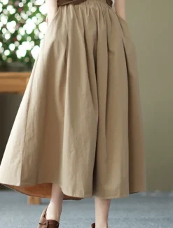 Best Women's Skirt Swing Basic Casual Midi High Waist Skirts Solid Colored Pocket Casual Daily Weekend Black White Green Khaki Summer Cotton Linen Women Dresses