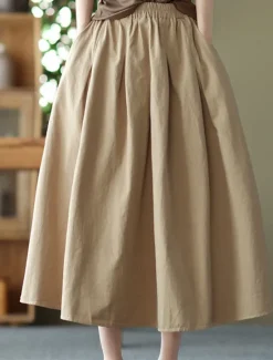 Best Women's Skirt Swing Basic Casual Midi High Waist Skirts Solid Colored Pocket Casual Daily Weekend Black White Green Khaki Summer Cotton Linen Women Dresses