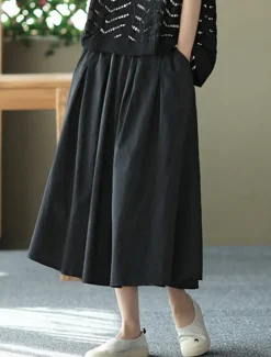 Best Women's Skirt Swing Basic Casual Midi High Waist Skirts Solid Colored Pocket Casual Daily Weekend Black White Green Khaki Summer Cotton Linen Women Dresses