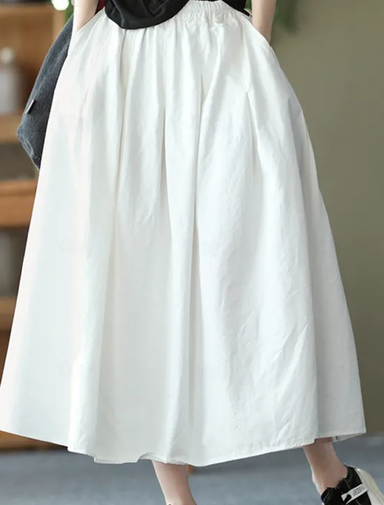Best Women's Skirt Swing Basic Casual Midi High Waist Skirts Solid Colored Pocket Casual Daily Weekend Black White Green Khaki Summer Cotton Linen Women Dresses