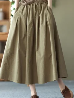 Best Women's Skirt Swing Basic Casual Midi High Waist Skirts Solid Colored Pocket Casual Daily Weekend Black White Green Khaki Summer Cotton Linen Women Dresses