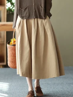Best Women's Skirt Swing Basic Casual Midi High Waist Skirts Solid Colored Pocket Casual Daily Weekend Black White Green Khaki Summer Cotton Linen Women Dresses