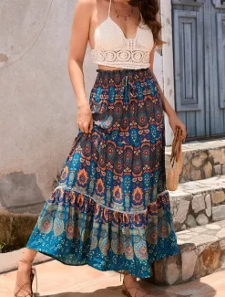 Clearance Women's Skirt Swing Bohemia Maxi High Waist Skirts Pleated Print Color Block Floral Vacation Going out Summer Cotton Polyester Vintage Retro Vintage Ethnic Casual Red Navy Blue Royal Blue Women Skirts