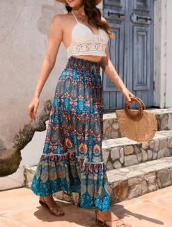 Clearance Women's Skirt Swing Bohemia Maxi High Waist Skirts Pleated Print Color Block Floral Vacation Going out Summer Cotton Polyester Vintage Retro Vintage Ethnic Casual Red Navy Blue Royal Blue Women Skirts