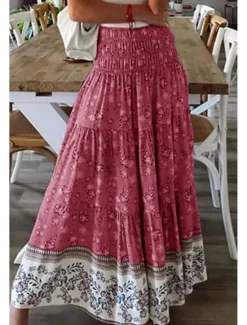 Discount Women's Skirt Swing Casual Boho Maxi Mid Rise Skirts Floral Print Micro-elastic Vacation Street Apple Green Violet Black Almond Summer Polyester Women Skirts