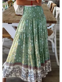 Discount Women's Skirt Swing Casual Boho Maxi Mid Rise Skirts Floral Print Micro-elastic Vacation Street Apple Green Violet Black Almond Summer Polyester Women Skirts
