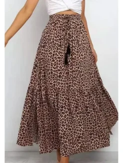 Women's Skirt Swing Casual Maxi High Rise Skirts Leopard Print Micro-elastic Vacation Street Summer Cotton Women Skirts