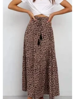 Women's Skirt Swing Casual Maxi High Rise Skirts Leopard Print Micro-elastic Vacation Street Summer Cotton Women Skirts
