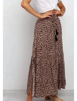 Women's Skirt Swing Casual Maxi High Rise Skirts Leopard Print Micro-elastic Vacation Street Summer Cotton Women Skirts