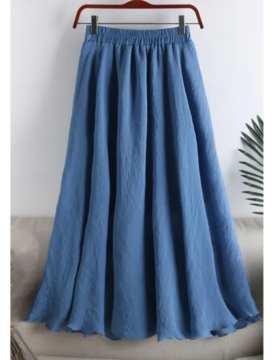 New Women's Skirt Swing Fashion Maxi Mid Rise Skirts Plain Ruched Micro-elastic Vacation Street Black White Pink Blue Summer Cotton Women Skirts