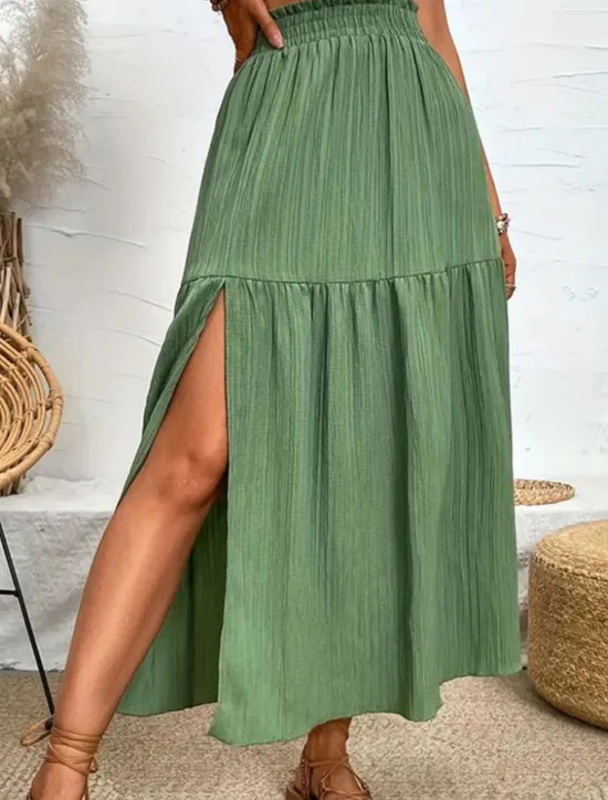Hot Women's Skirt Swing Fashion Casual Maxi High Waist Skirts Solid Colored Ruffle Split Ends Micro-elastic Casual Daily Weekend Black Blue Green Summer Polyester Women Skirts