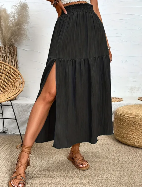 Hot Women's Skirt Swing Fashion Casual Maxi High Waist Skirts Solid Colored Ruffle Split Ends Micro-elastic Casual Daily Weekend Black Blue Green Summer Polyester Women Skirts