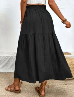 Hot Women's Skirt Swing Fashion Casual Maxi High Waist Skirts Solid Colored Ruffle Split Ends Micro-elastic Casual Daily Weekend Black Blue Green Summer Polyester Women Skirts