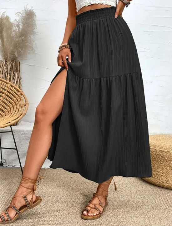 Hot Women's Skirt Swing Fashion Casual Maxi High Waist Skirts Solid Colored Ruffle Split Ends Micro-elastic Casual Daily Weekend Black Blue Green Summer Polyester Women Skirts