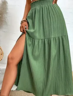 Hot Women's Skirt Swing Fashion Casual Maxi High Waist Skirts Solid Colored Ruffle Split Ends Micro-elastic Casual Daily Weekend Black Blue Green Summer Polyester Women Skirts