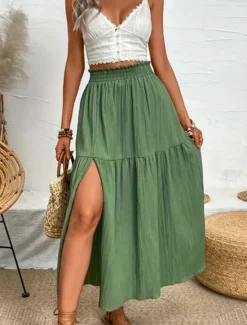 Hot Women's Skirt Swing Fashion Casual Maxi High Waist Skirts Solid Colored Ruffle Split Ends Micro-elastic Casual Daily Weekend Black Blue Green Summer Polyester Women Skirts