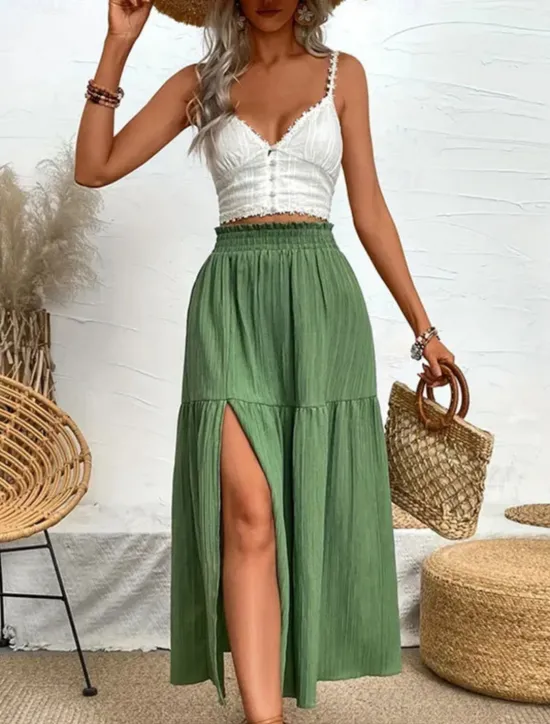 Hot Women's Skirt Swing Fashion Casual Maxi High Waist Skirts Solid Colored Ruffle Split Ends Micro-elastic Casual Daily Weekend Black Blue Green Summer Polyester Women Skirts
