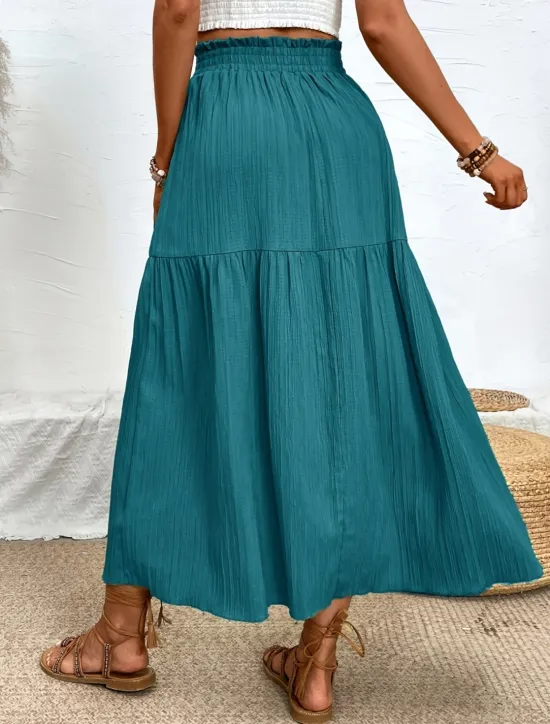 Hot Women's Skirt Swing Fashion Casual Maxi High Waist Skirts Solid Colored Ruffle Split Ends Micro-elastic Casual Daily Weekend Black Blue Green Summer Polyester Women Skirts