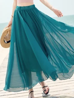 Hot Women's Skirt Swing Long Skirt Maxi Skirts Layered Solid Colored Casual Daily Beach Summer Chiffon Fashion Summer Black White Yellow Pink Women Skirts