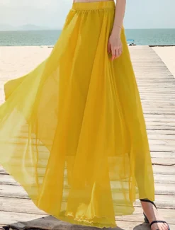 Hot Women's Skirt Swing Long Skirt Maxi Skirts Layered Solid Colored Casual Daily Beach Summer Chiffon Fashion Summer Black White Yellow Pink Women Skirts