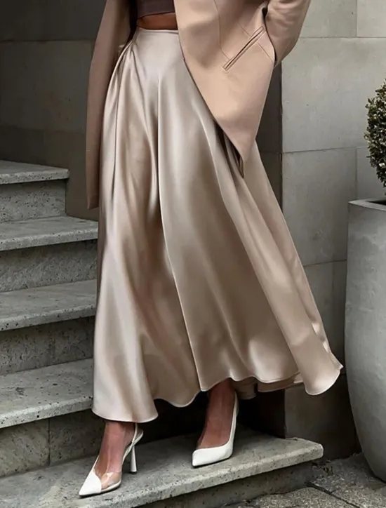 Online Women's Skirt Swing Long Skirt Elegant Fashion Maxi High Waist Skirts Solid Colored Street Daily Black White Khaki Summer Satin Women Skirts