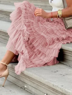 Outlet Women's Skirt Swing Tutu Maxi High Waist Skirts Pleated Solid Colored Street Daily Spring & Summer Elegant Fashion Casual Apricot Black Khaki Rose Red Women Skirts