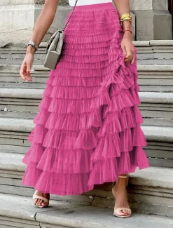 Sale Women's Skirt Tutu Fashion Casual Maxi High Waist Skirts Solid Colored Ruffle Going out Casual Daily Apricot Black White Khaki Summer Polyester Women Skirts