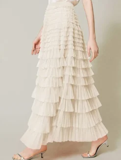 Sale Women's Skirt Tutu Fashion Casual Maxi High Waist Skirts Solid Colored Ruffle Going out Casual Daily Apricot Black White Khaki Summer Polyester Women Skirts
