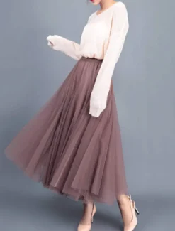 Outlet Women's Skirt Tutu Midi Skirts Tulle Chiffon Print Solid Colored Birthday Party Casual Daily Spring & Summer Preppy Black White Pink Camel Women Skirts