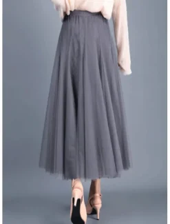 Outlet Women's Skirt Tutu Midi Skirts Tulle Chiffon Print Solid Colored Birthday Party Casual Daily Spring & Summer Preppy Black White Pink Camel Women Skirts