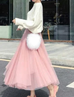Outlet Women's Skirt Tutu Midi Skirts Tulle Chiffon Print Solid Colored Birthday Party Casual Daily Spring & Summer Preppy Black White Pink Camel Women Skirts