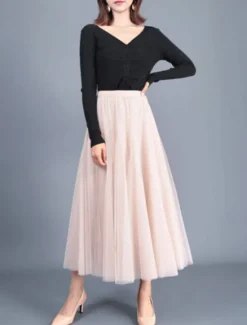 Outlet Women's Skirt Tutu Midi Skirts Tulle Chiffon Print Solid Colored Birthday Party Casual Daily Spring & Summer Preppy Black White Pink Camel Women Skirts