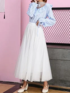 Outlet Women's Skirt Tutu Midi Skirts Tulle Chiffon Print Solid Colored Birthday Party Casual Daily Spring & Summer Preppy Black White Pink Camel Women Skirts