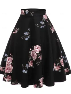 Best Women's Skirt Tutu Vintage Fashion Casual Knee-length High Waist Skirts Floral Ruched Print Vacation Street Winter Cotton Women Skirts