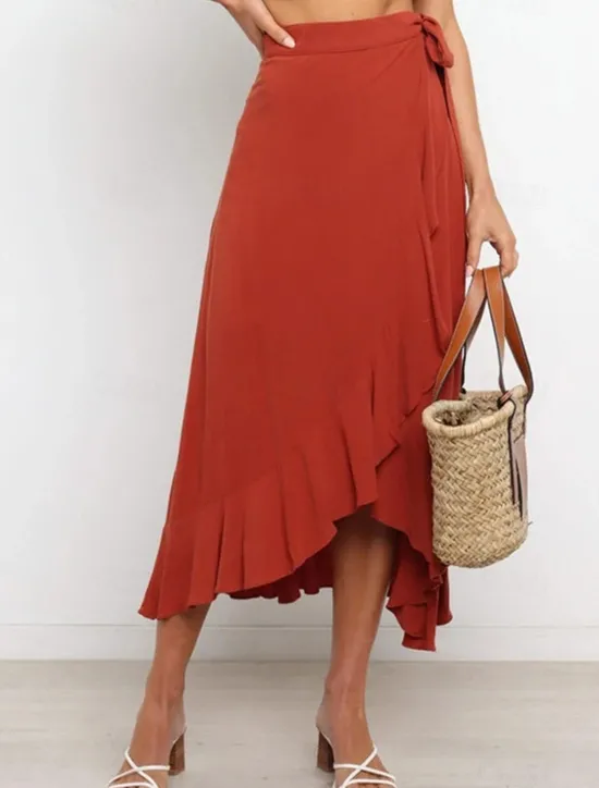 Online Women's Skirt Wrap Skirt Fashion Casual Midi High Waist Skirts Solid Colored Ruffle Casual Daily Weekend Black Pink Red Blue Summer Chiffon Women Skirts