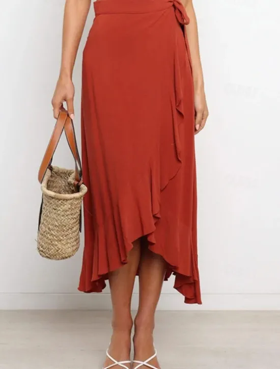 Online Women's Skirt Wrap Skirt Fashion Casual Midi High Waist Skirts Solid Colored Ruffle Casual Daily Weekend Black Pink Red Blue Summer Chiffon Women Skirts