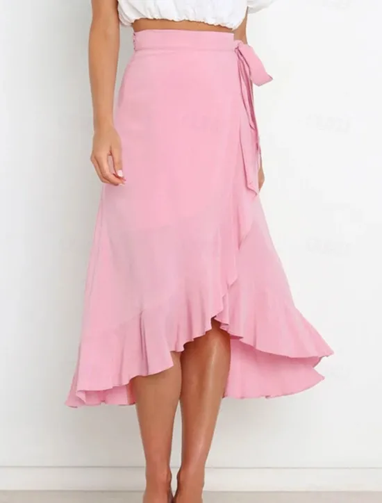 Online Women's Skirt Wrap Skirt Fashion Casual Midi High Waist Skirts Solid Colored Ruffle Casual Daily Weekend Black Pink Red Blue Summer Chiffon Women Skirts