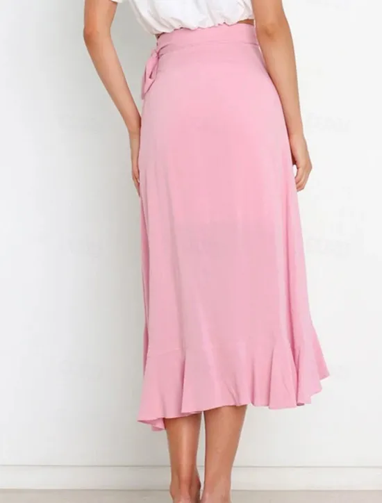 Online Women's Skirt Wrap Skirt Fashion Casual Midi High Waist Skirts Solid Colored Ruffle Casual Daily Weekend Black Pink Red Blue Summer Chiffon Women Skirts