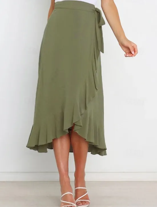 Online Women's Skirt Wrap Skirt Fashion Casual Midi High Waist Skirts Solid Colored Ruffle Casual Daily Weekend Black Pink Red Blue Summer Chiffon Women Skirts