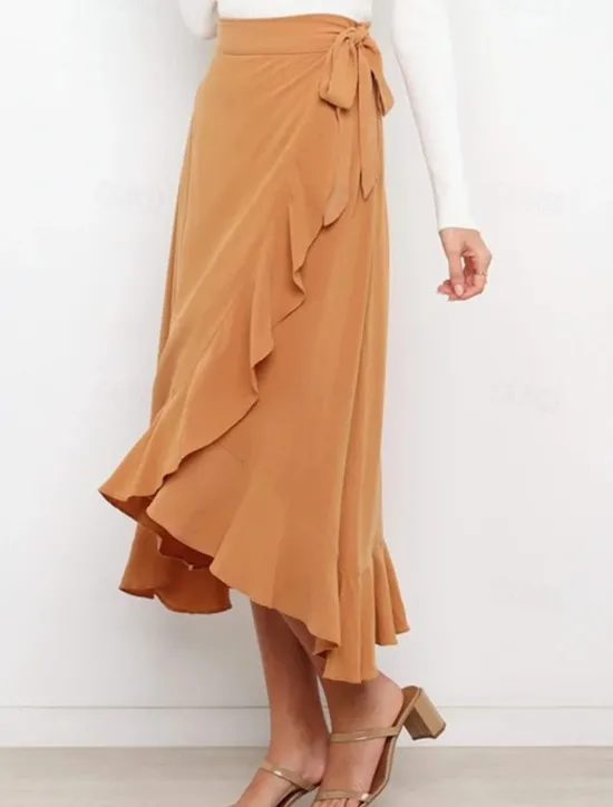 Online Women's Skirt Wrap Skirt Fashion Casual Midi High Waist Skirts Solid Colored Ruffle Casual Daily Weekend Black Pink Red Blue Summer Chiffon Women Skirts
