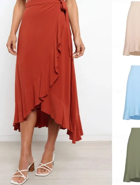 Online Women's Skirt Wrap Skirt Fashion Casual Midi High Waist Skirts Solid Colored Ruffle Casual Daily Weekend Black Pink Red Blue Summer Chiffon Women Skirts