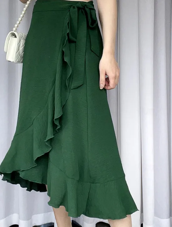 Online Women's Skirt Wrap Skirt Fashion Casual Midi High Waist Skirts Solid Colored Ruffle Casual Daily Weekend Black Pink Red Blue Summer Chiffon Women Skirts