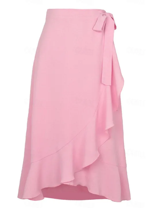Online Women's Skirt Wrap Skirt Fashion Casual Midi High Waist Skirts Solid Colored Ruffle Casual Daily Weekend Black Pink Red Blue Summer Chiffon Women Skirts