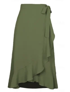 Online Women's Skirt Wrap Skirt Fashion Casual Midi High Waist Skirts Solid Colored Ruffle Casual Daily Weekend Black Pink Red Blue Summer Chiffon Women Skirts