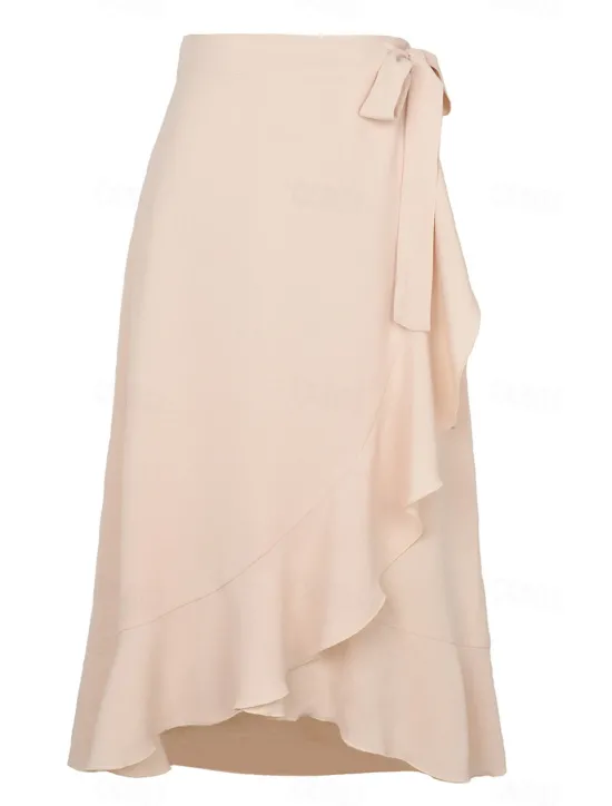 Online Women's Skirt Wrap Skirt Fashion Casual Midi High Waist Skirts Solid Colored Ruffle Casual Daily Weekend Black Pink Red Blue Summer Chiffon Women Skirts
