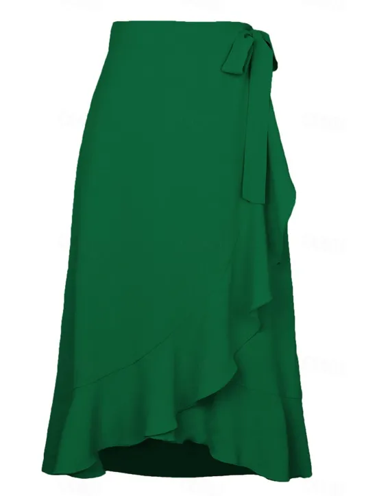 Online Women's Skirt Wrap Skirt Fashion Casual Midi High Waist Skirts Solid Colored Ruffle Casual Daily Weekend Black Pink Red Blue Summer Chiffon Women Skirts