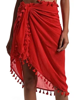 Best Women's Skirt Wrap Skirt Fashion Beach Wear Casual Mini Mid Waist Skirts Solid Colored Tassel Fringe Vacation Beach Black White Pink Red Summer Chiffon Women Skirts|Cover Up
