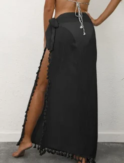 Outlet Women's Skirt Wrap Skirt Maxi High Waist Skirts Tassel Fringe Solid Colored Vacation Beach Summer Fashion Beach Wear Casual Black Yellow Apricot Women Skirts