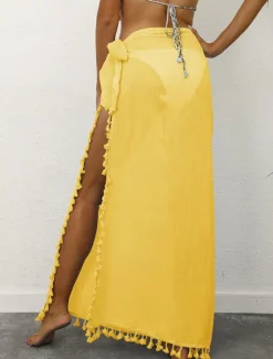 Outlet Women's Skirt Wrap Skirt Maxi High Waist Skirts Tassel Fringe Solid Colored Vacation Beach Summer Fashion Beach Wear Casual Black Yellow Apricot Women Skirts